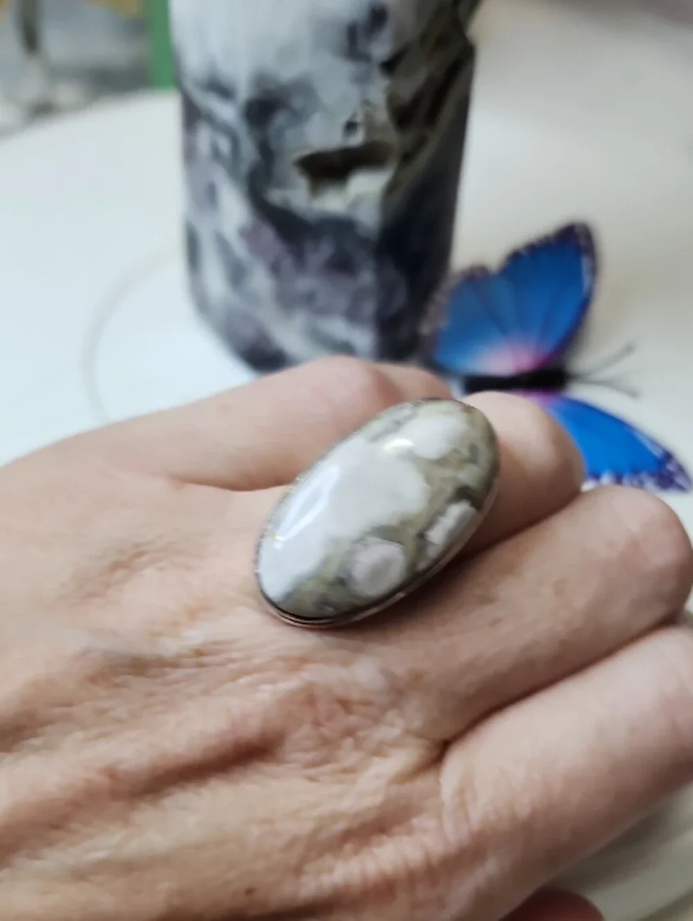 White and Green Ocean Jasper Oval Ring